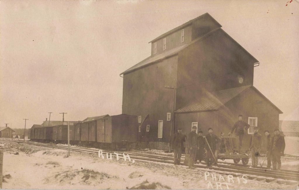 Ruth Michigan grain elevator railroad siding freight cars and workers in winter