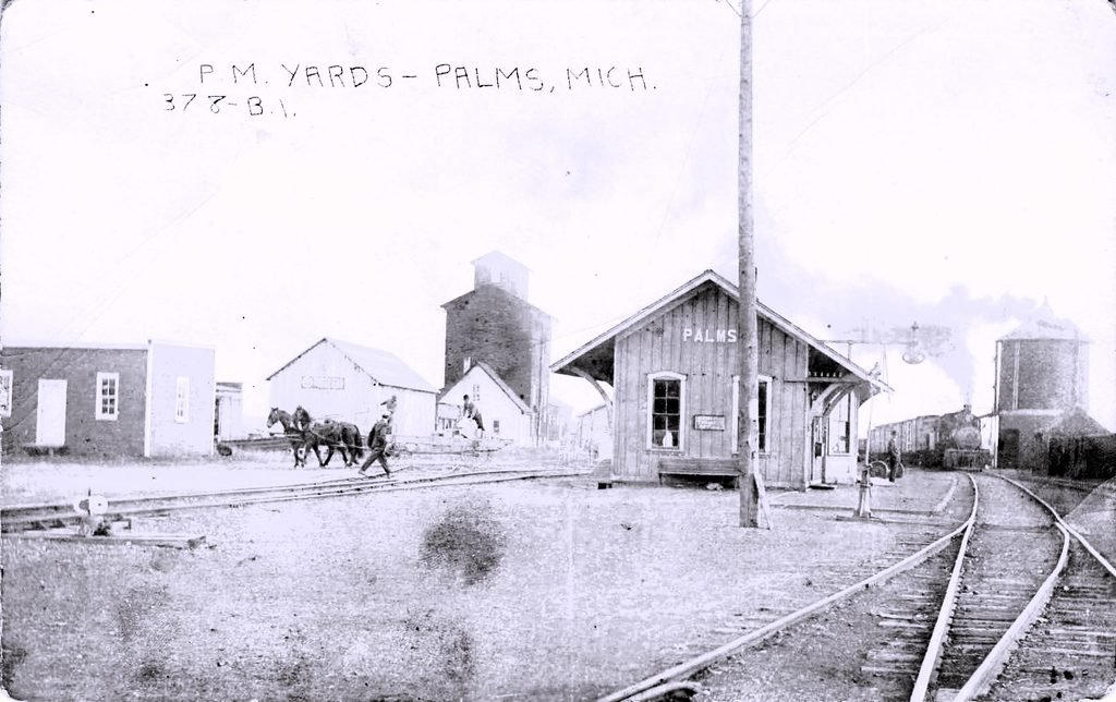 Pere Marquette railroad yards and Palms Michigan depot in the early 1900s