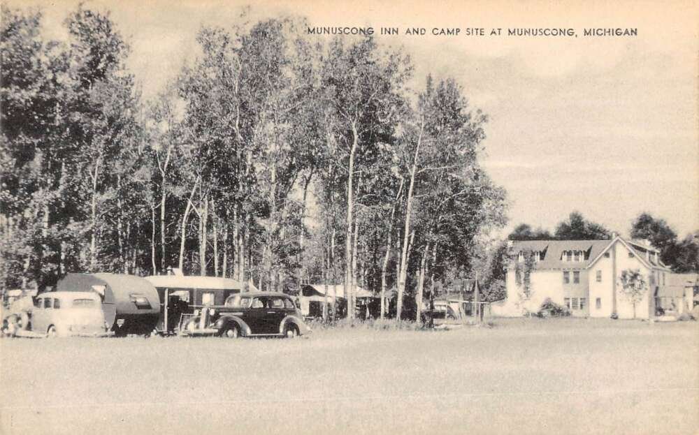 Munuscong Inn History - Vintage campsite with cars and inn