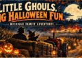 Halloween-themed farm with pumpkins and moon.