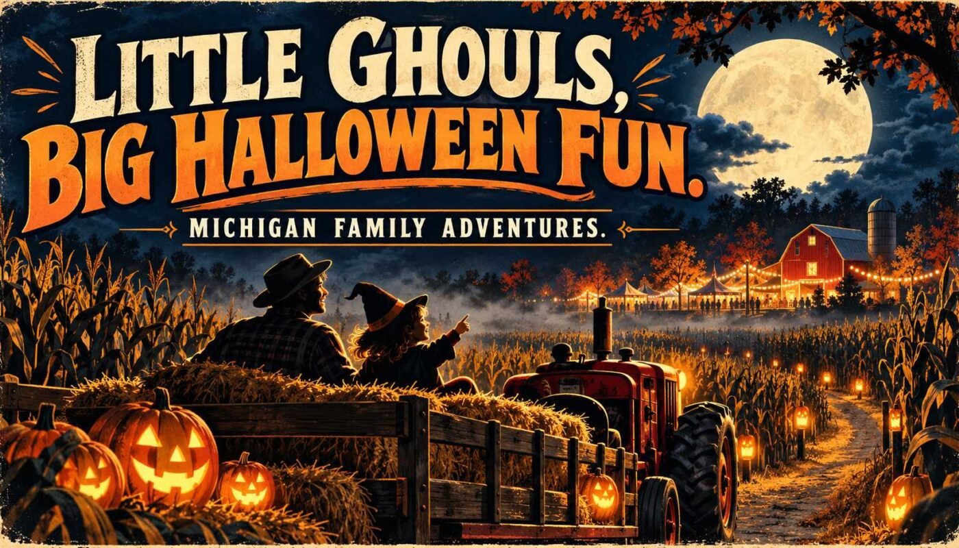 Halloween-themed farm with pumpkins and moon.