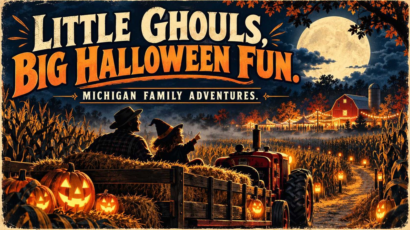 Halloween-themed farm with pumpkins and moon.
