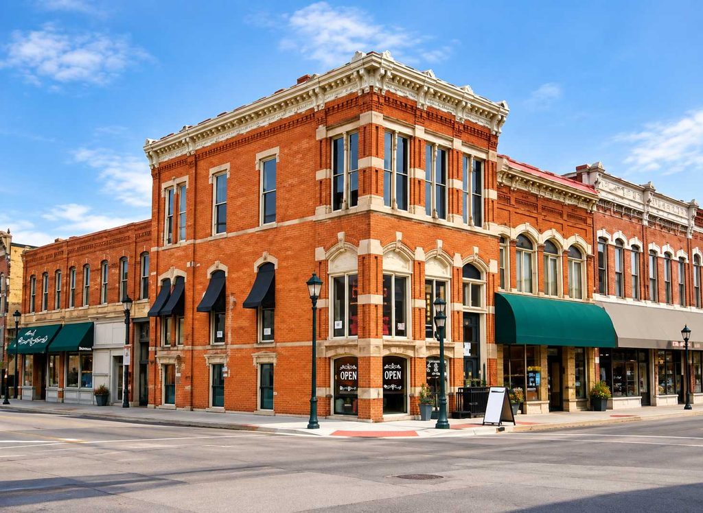 Historic brick building with awnings.