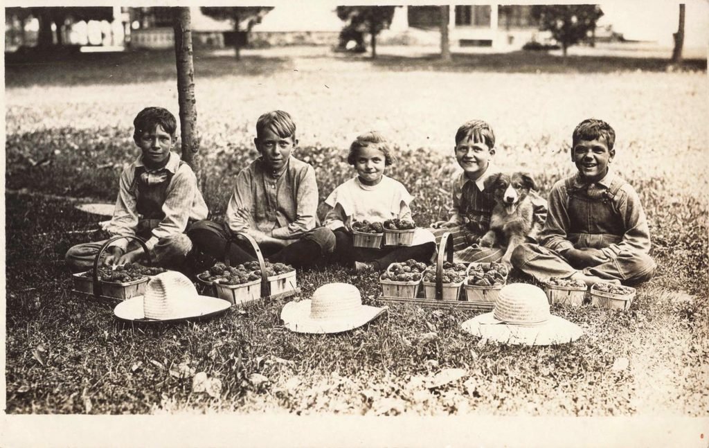 Children with baskets of strawberries.