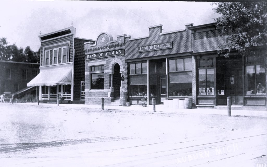Historic bank and storefront buildings.
