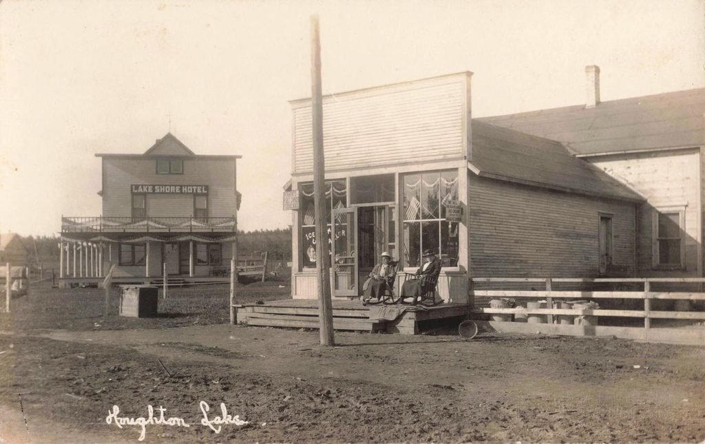 Historic Lake Shore Hotel in Houghton Lake Village Michigan with early storefront