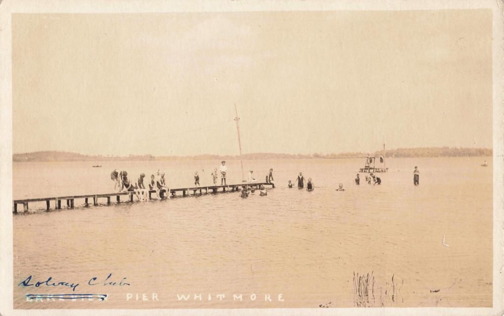 A long narrow pier in Whitmore Lake with visitors gathered along the walkway and shore